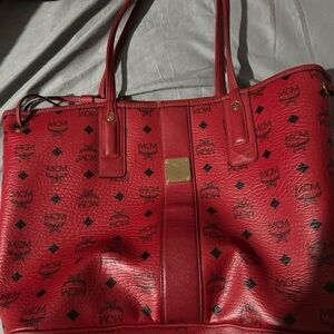 MCM Red Logo Print Leather Tote